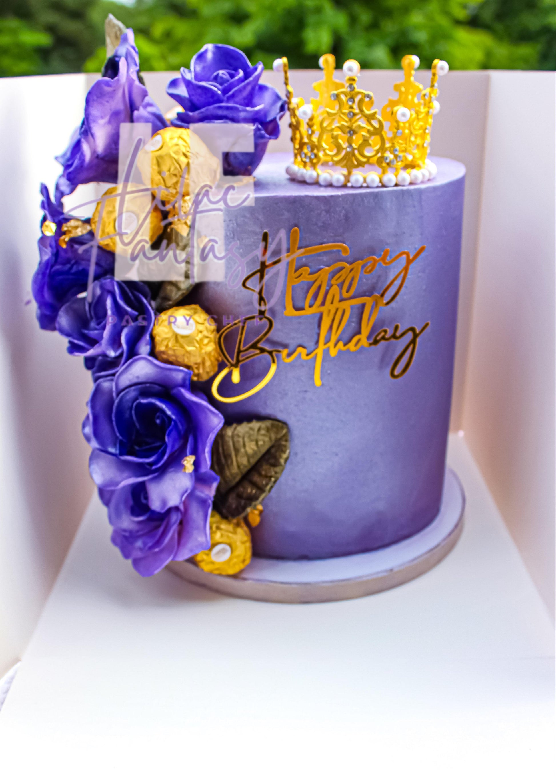 6-inch lilac colored custom happy birthday cake baked by pastry chef Lilac