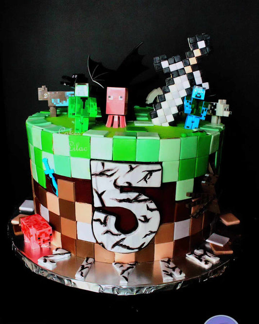 12-inch custom Minecraft cake for a 5 yr old baked by pastry chef Lilac