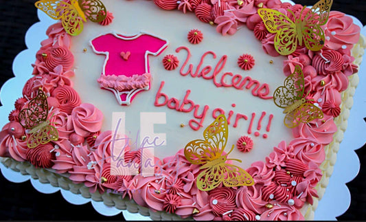 Pink 1/4 sheet cake stating welcome baby girl baked by pastry chef Lilac