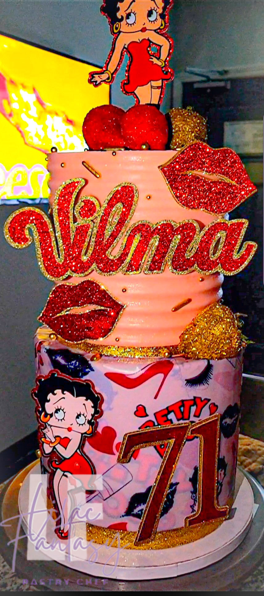 2 tier- 6- & 8-in Betty Boop themed custom cake baked by pastry chef Lilac