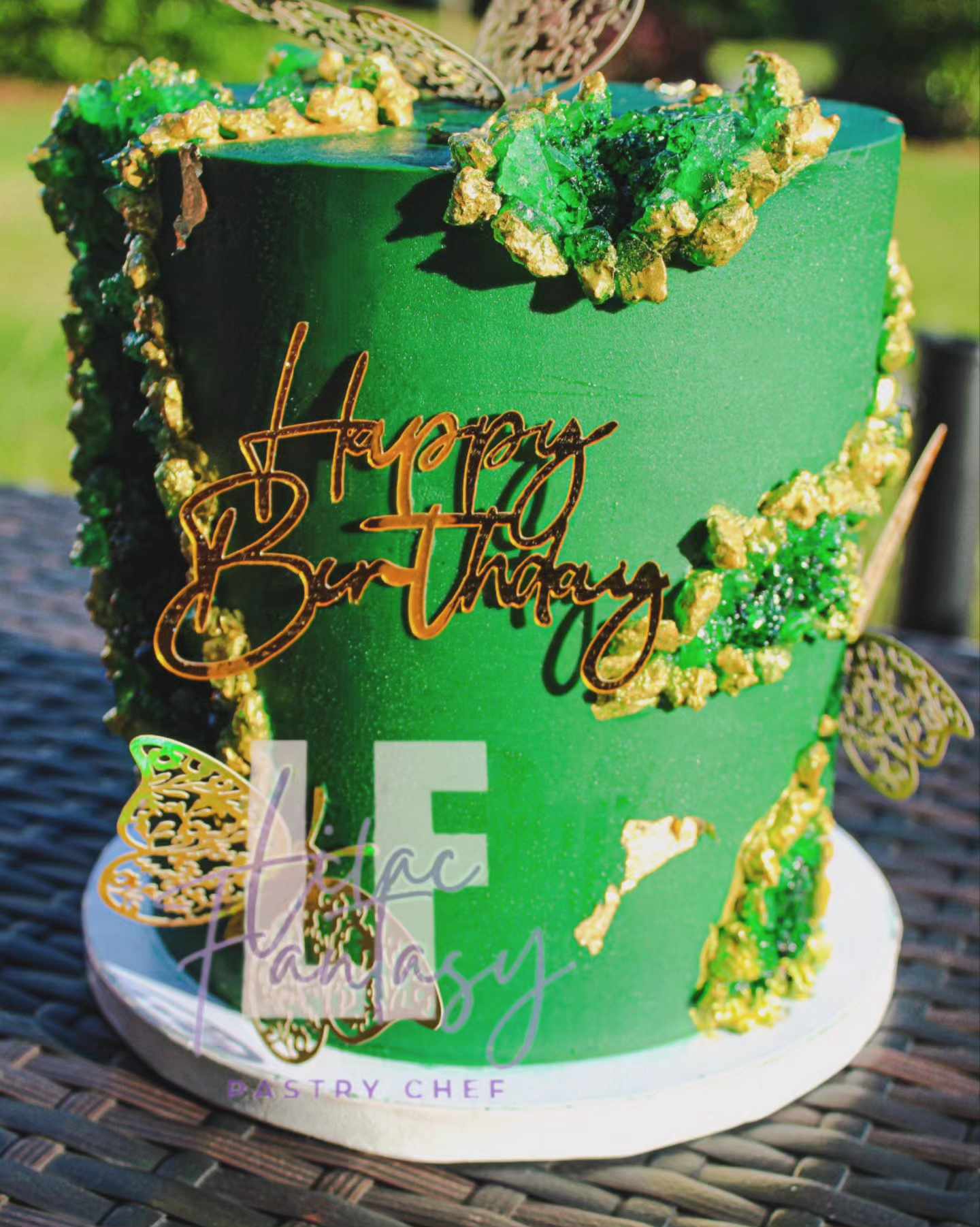 Green 6-inch custom happy birthday  cake by pastry chef Lilac