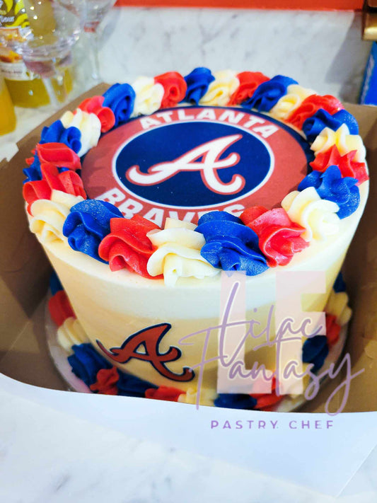 9-inch custom  Blue, red yellow Atlanta Braves cake baked by pastry chef Lilac