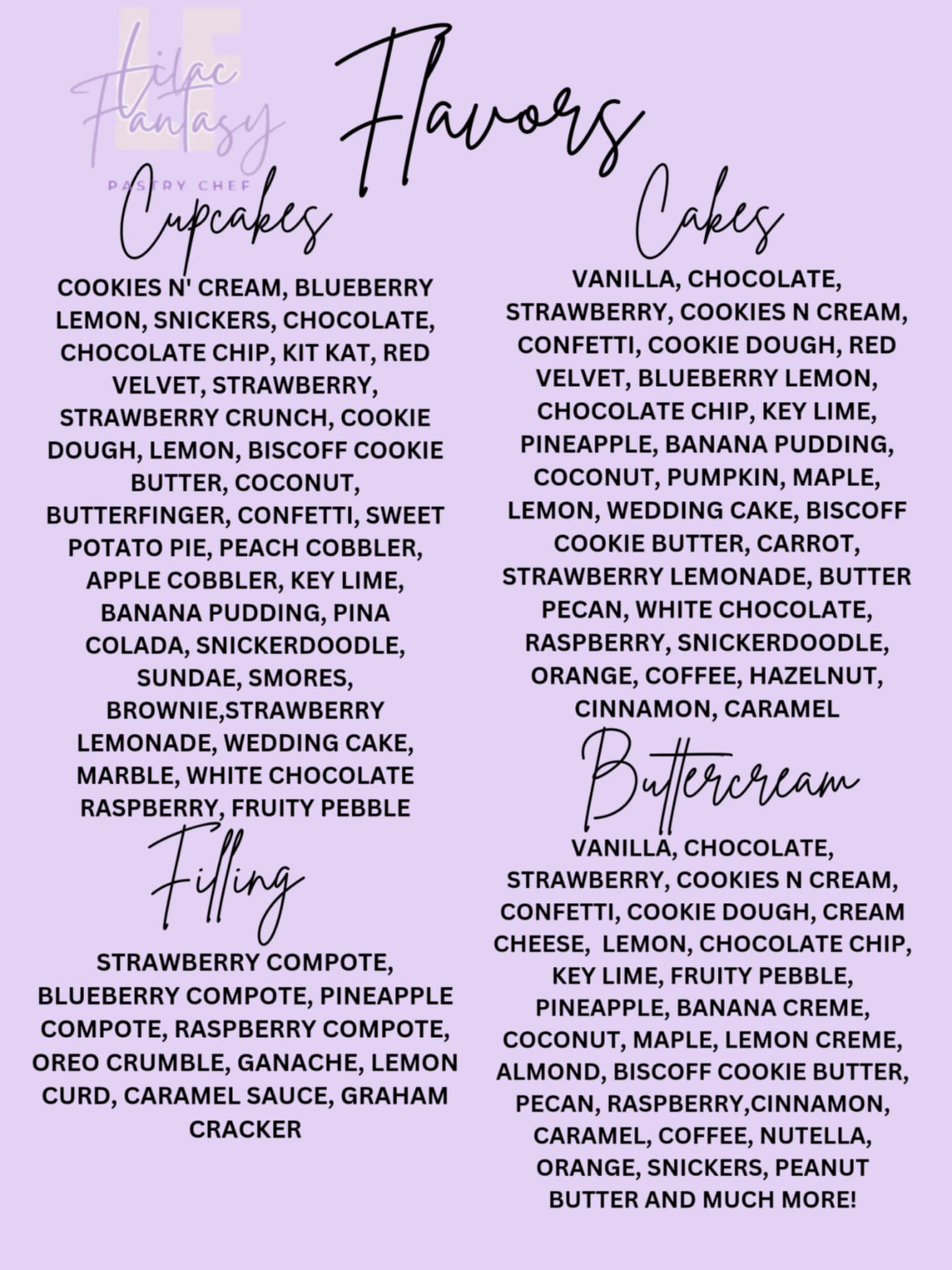 Flavors for cakes and cupcakes by pastry chef Lilac