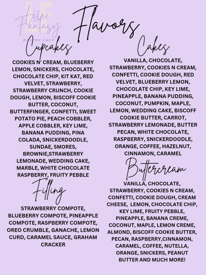 Flavors for cakes and cupcakes by pastry chef Lilac
