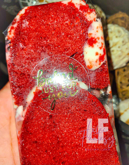 Red velvet individually wrapped in "baked just for you" by pastry chef Lilac.